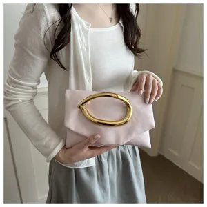 Elegant pink envelope clutch bag with unique gold metal handle for women chic evening party