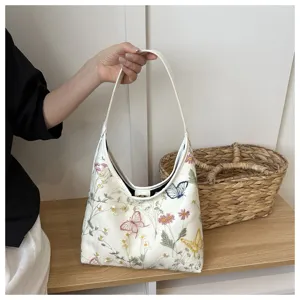 Bolso de hombro medialuna bordado estilo chino con flores de colores y mariposas chic