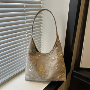 Nuevo estilo chino bolso de hombro bordado de flores encaje media luna hobo