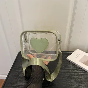 Sac bandoulière transparent avec cœur vert, sac à main décontracté pour femme avec sangle.