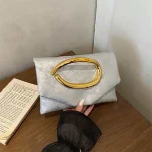 Women Fashion PU Leather Clutch Bag Elegant Pleated Evening Handbag Unique Metal Ring Handle Chic Purses