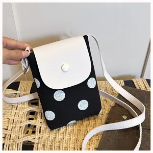 Crossbody phone bag for women, cute black and white polka dot design with a white flap.