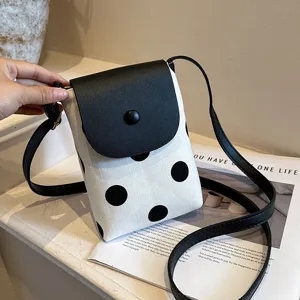 Women Crossbody Bag PU Leather Canvas Polka Dot Color Blocking Small Shoulder Phone Bag Casual Minimalist Handbag
