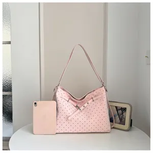 Pink polka dot shoulder bag, casual fashion tote bag for women daily commute and travel use.