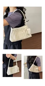 Witte geweven schoudertas voor dames, stijlvolle hobo handtas met mini etui, chique casual tas.
