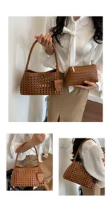 Vrouwen bruine geweven schoudertas casual shopper handtas mode hobo tas stijl nieuw