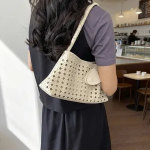 Stijlvolle beige geweven schoudertas voor dames, trendy handtas met grote capaciteit.