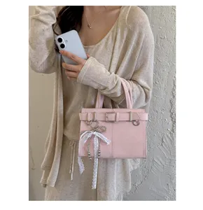 Korean style pink shoulder bag with belt decor, chic casual handbag for women daily.