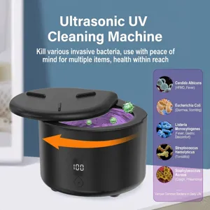 Ultrasonic retainer and denture cleaner detail view, compact digital countertop device.