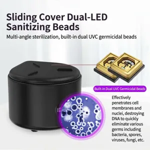 Close-up detail showing the dual UVC LED sterilization beads and sleek sliding cover design.