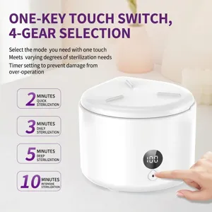 Ultrasonic retainer cleaner detail view showing touch control and multi-mode settings.