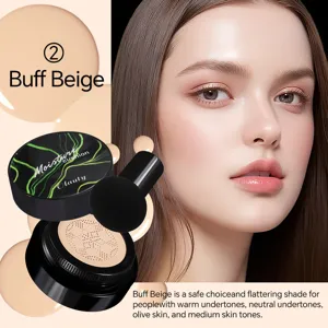 Moisture cushion CC cream with mushroom puff, Buff Beige shade for flawless makeup finish.