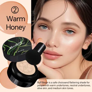 Mushroom head cushion BB cream detail view, moisturizing formula with smooth makeup puff applicator.