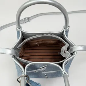 Casual stylish denim bucket handbag for women with silver trim top handle crossbody bag