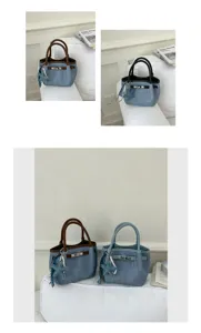 Retro denim handbag with pearl starfish pendant, classic tote style, casual large capacity.