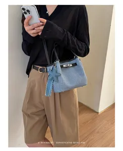 Denim handbag for women, retro top handle shoulder crossbody bag with starfish charm, casual stylish.