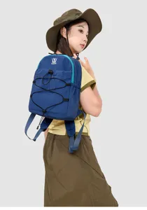 Stylish lightweight blue backpack for women with elastic bungee cord, outdoor use.