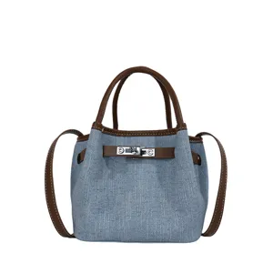 Retro denim bucket handbag for women, large capacity casual single shoulder crossbody bag.