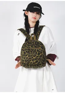 Zaino in tela con stampa leopardata da donna, borsa da viaggio casual all aperto con tasca.
