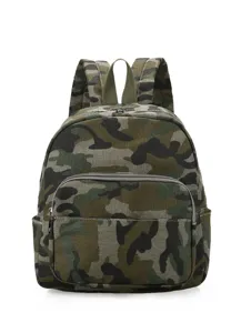 Zaino in tela mimetica casual borsa da scuola per viaggi con tasca frontale zip.
