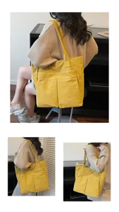 Elegante borsa shopper in tela gialla da donna, borsa a tracolla casual di grande capacità.