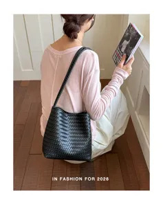 Black Woven Leather Shoulder Bag Vintage Chic Minimalist Underarm Bag for Women