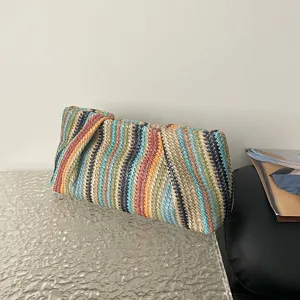 Colorful striped woven clutch bag, stylish summer beach straw bag for casual daily wear.