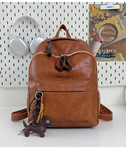 Detailed view of vintage brown leather backpack with croc texture front pocket and cute dog charm.