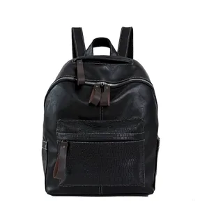 Black leather backpack for women, casual daily school bookbag with front pocket and straps.