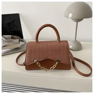 Stylish brown woven PU leather handbag for women, chic chain shoulder crossbody bag.