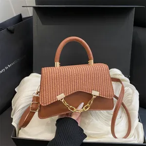 Women Fashion Minimalist PU Leather Woven Texture Small Square Bag Elegant Gold Chain Crossbody Shoulder Handbag