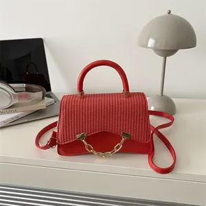 Red woven patchwork shoulder crossbody handbag with chain decoration for women daily use