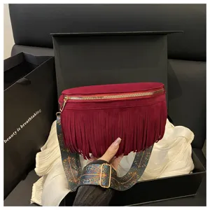 Red suede fringe crossbody bag for women boho style shoulder bag with stylish wide strap