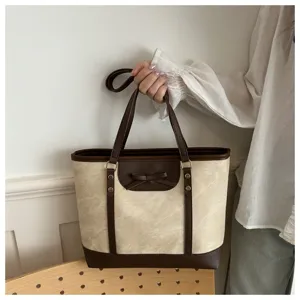 Women canvas shoulder tote bag commuter handbag with bow detail large capacity style