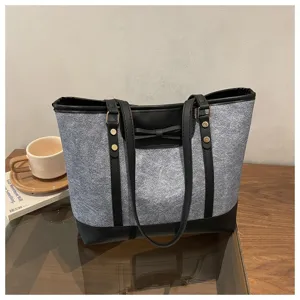 Large capacity grey tote bag for women, stylish leather trim shoulder bag with cute bow detail.