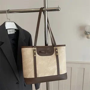 Women Large Capacity Tote Bag Fashion Urban Minimalist Canvas Leather Patchwork Handbag Bow Commuting Shoulder Bag