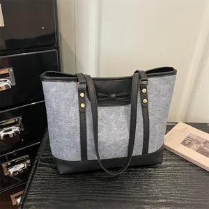 Women fashion commuting large capacity shoulder tote bag grey leather splicing bow design casual