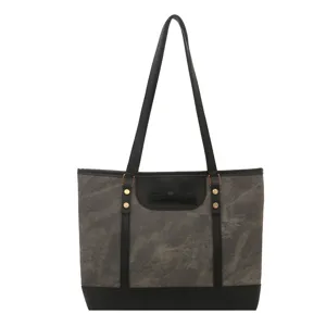 Women large capacity canvas tote shoulder bag with bow and leather trim main view