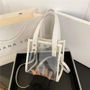 Διαφανής τσάντα tote PVC με λευκό τελείωμα, κομψή τσάντα ώμου και χιαστί για γυναίκες.