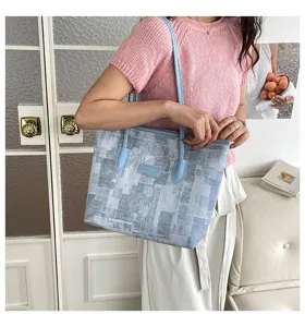Sac cabas fourre-tout décontracté en toile pour femme, sac à épaule géométrique bleu.