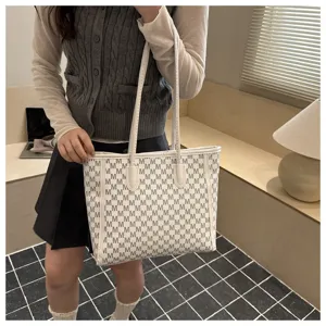 Large capacity shoulder tote bag with allover letter print, casual commuting underarm bag.