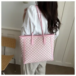 Pink M monogram tote bag, large capacity shoulder bag for women daily commute and casual use.