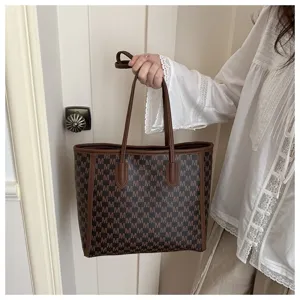 Stylish large capacity brown M monogram print shoulder tote bag for women daily work commute