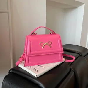 Joli sac a main rose avec noeud mode retro sac bandouliere en cuir PU elegance