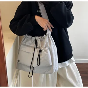 Minimalist drawstring shoulder bag casual crossbody tote lightweight multi-pocket bag for women