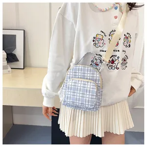 Mini zaino a quadri blu in stile coreano, piccola borsa casual per donna uso quotidiano.