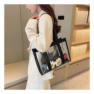 Borsa a tracolla trasparente in PVC stile casual per donna shopping bag con dettagli neri