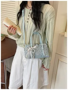 Stylish denim bowling bag with pearl and lace decor, chic shoulder crossbody handbag for daily use.