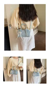 Fashion blue denim bowling handbag with lace bow and rivets, chic shoulder crossbody bag.