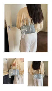Stylish denim patchwork bowling handbag with pearl studs and lace bow for women.